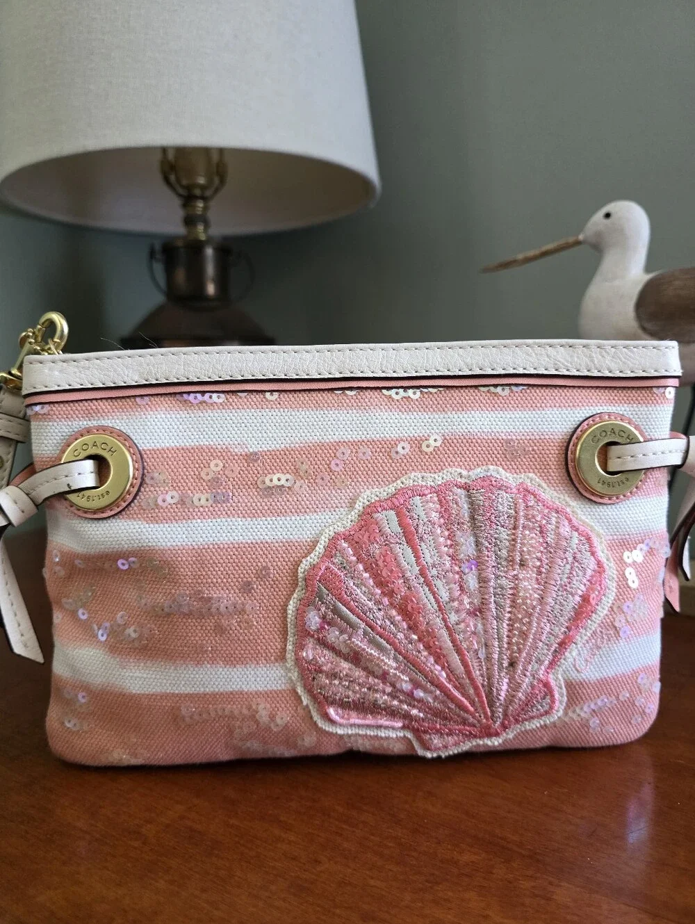 Coach Audrey Pink Sequin Shell Canvas Studded Wristlet Bag